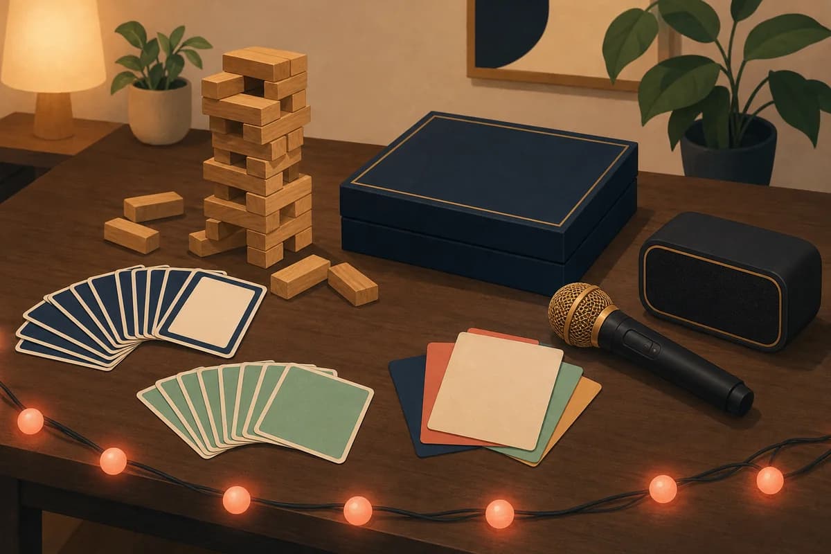 A table with a wooden block tower, playing cards, a board game box, blank trivia cards and a karaoke microphone beside a small speaker