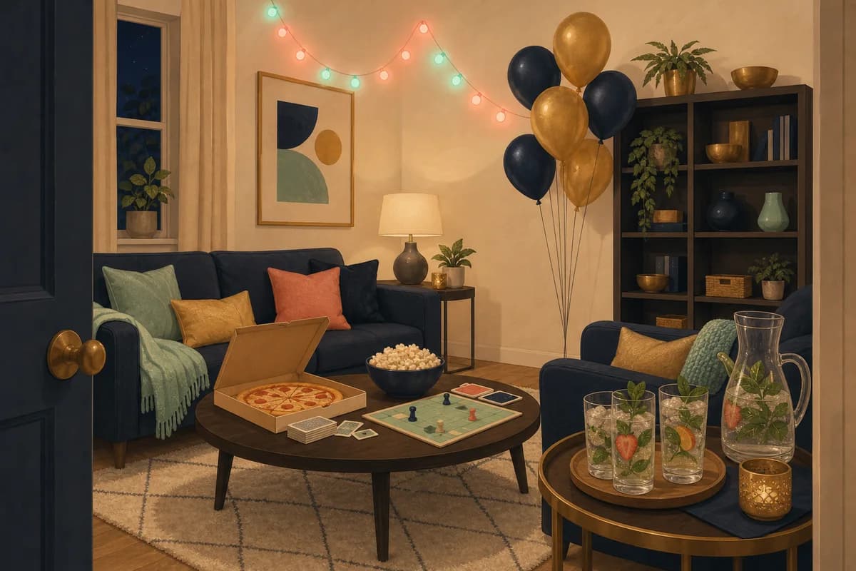 A living room ready for an evening party, lit by coral and mint string lights, with pizza and a board game waiting on the coffee table