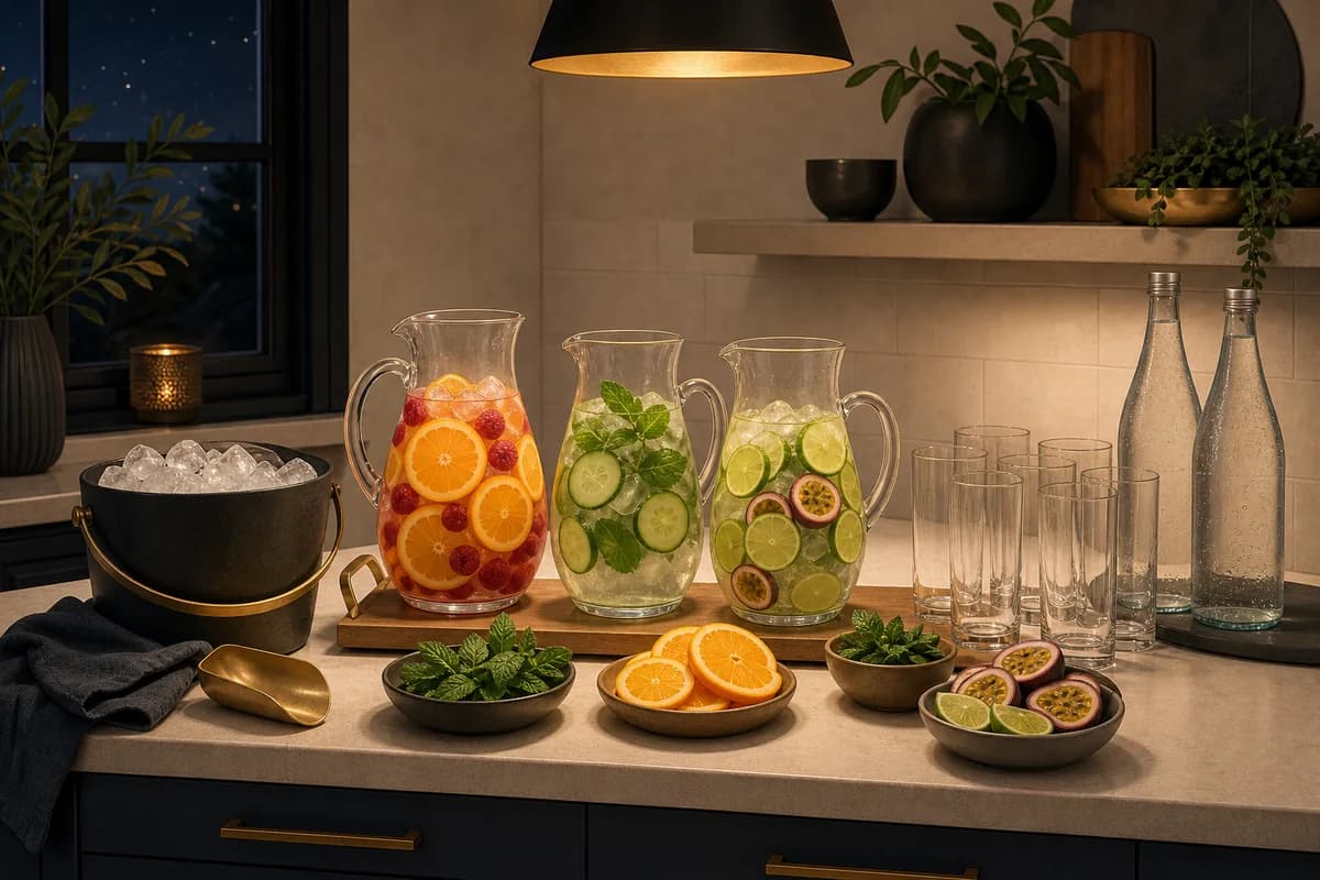 A drinks station with three pitchers of fruit and herb drinks, a bucket of ice, tall glasses and bowls of mint and citrus