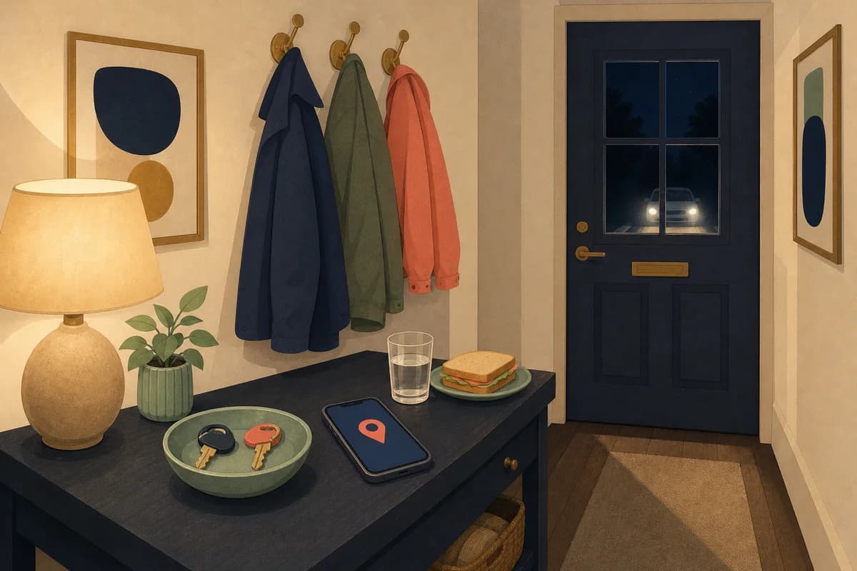 A quiet front hallway at night where a phone showing a map pin waits beside a bowl of keys, while car headlights glow through the door