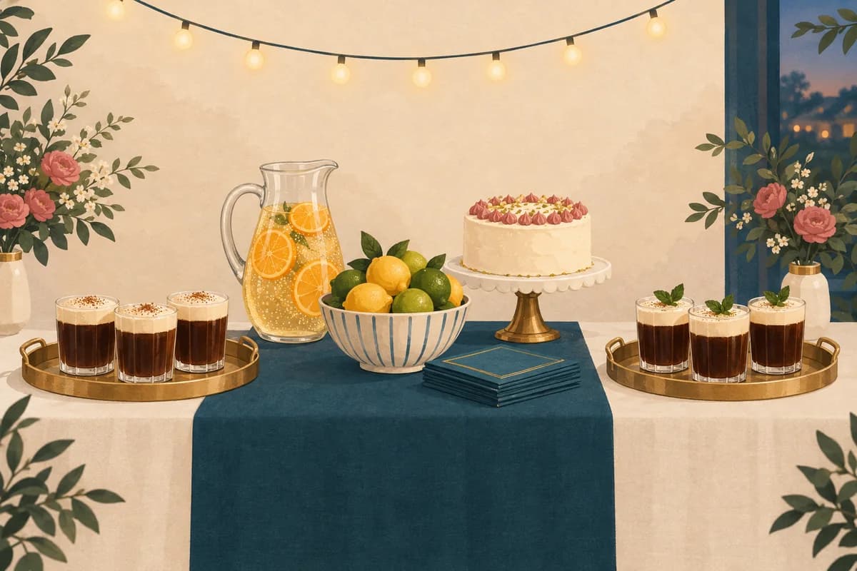 A drinks table with two matching trays of foamy coffee drinks, one marked with mint as the alcohol-free twin, a pitcher of sparkling juice with orange slices and a small cake.