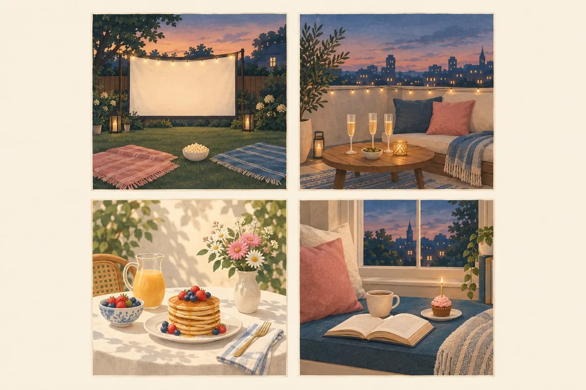 Four small scenes: a backyard movie screen with blankets and popcorn, a rooftop table with three tall glasses, a brunch table with pancakes and juice, and a window seat with a book and one cupcake.