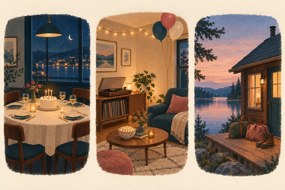 Three scenes side by side: a candlelit dinner table for four with a birthday cake, a living room with a record player and balloons, and a lakeside cabin with weekend bags on the porch.