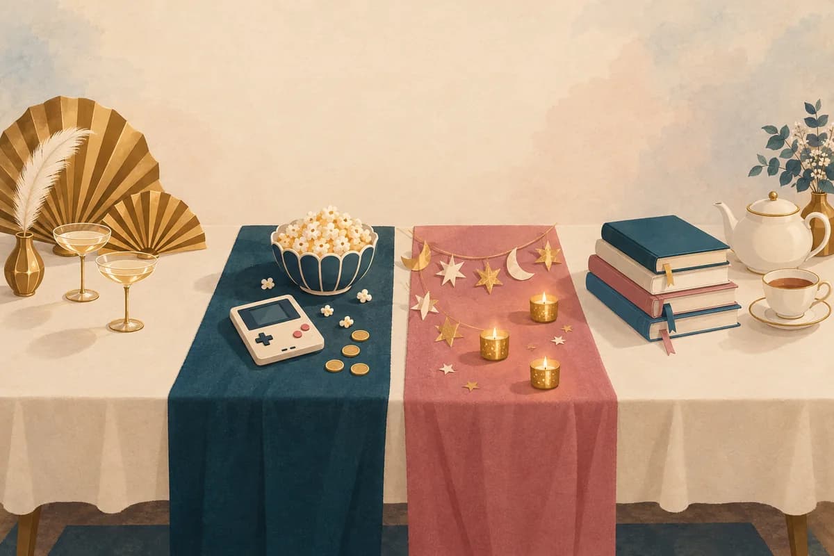 A party table in four zones: gold art deco fans with a feather and coupe glasses, a handheld game console with popcorn and tokens, paper moons and stars with gold candles on a dusty rose runner, and a stack of books beside a teapot.