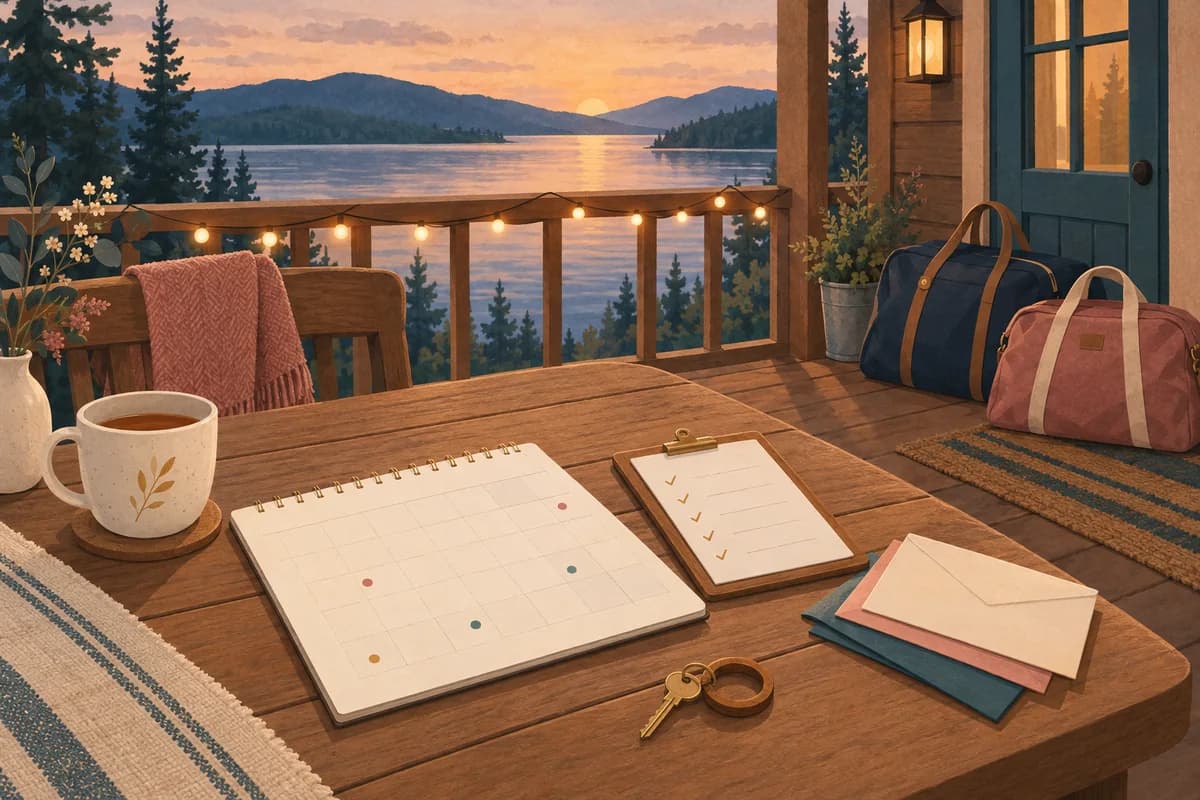 A cabin porch table at dusk set for planning a trip with a blank calendar, a clipboard checklist, envelopes and a key, while two weekend bags wait by the door and a lake lies behind.