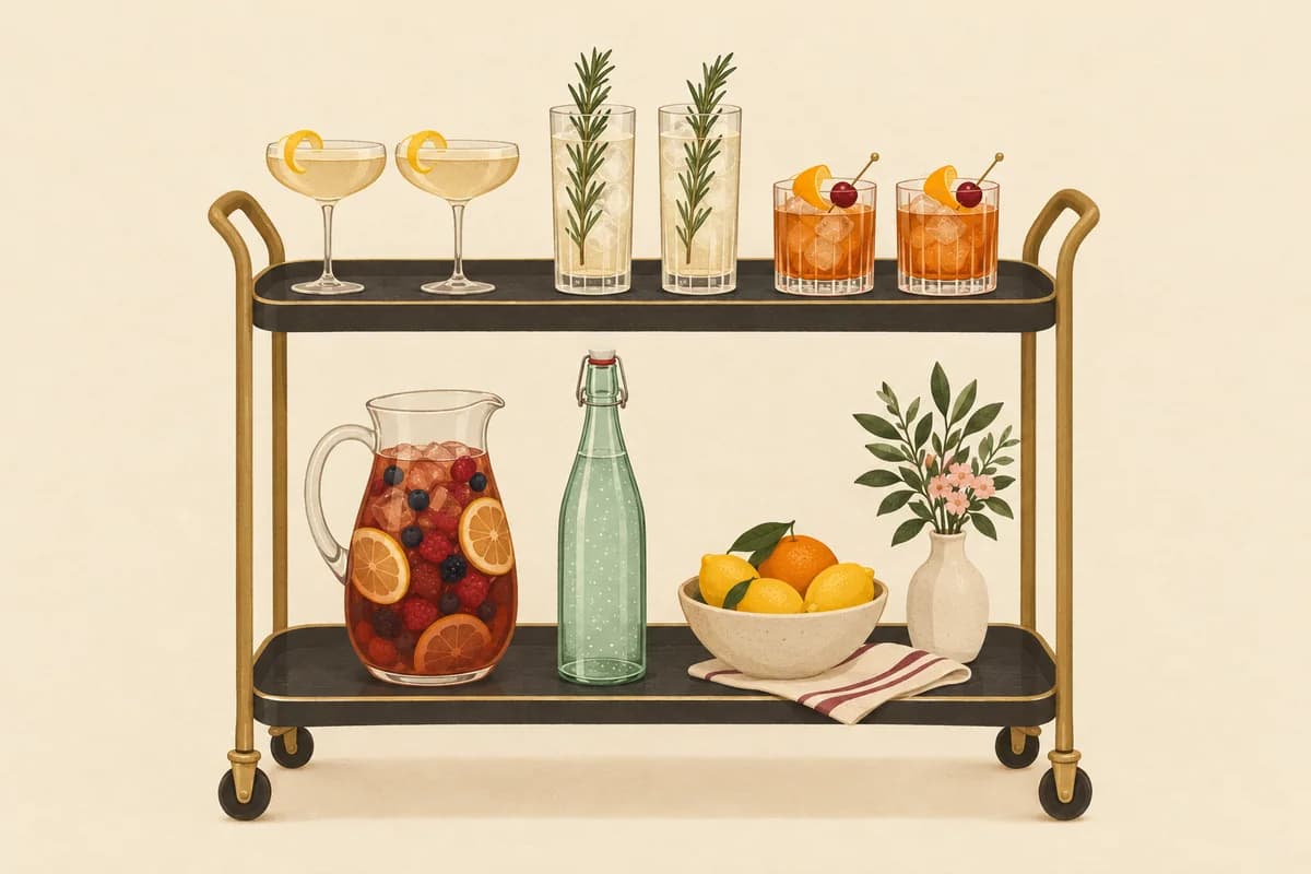 A bar cart with three pairs of matching garnished glasses on top, and a pitcher of iced tea with berries and orange slices, a bottle of sparkling water and a bowl of citrus below