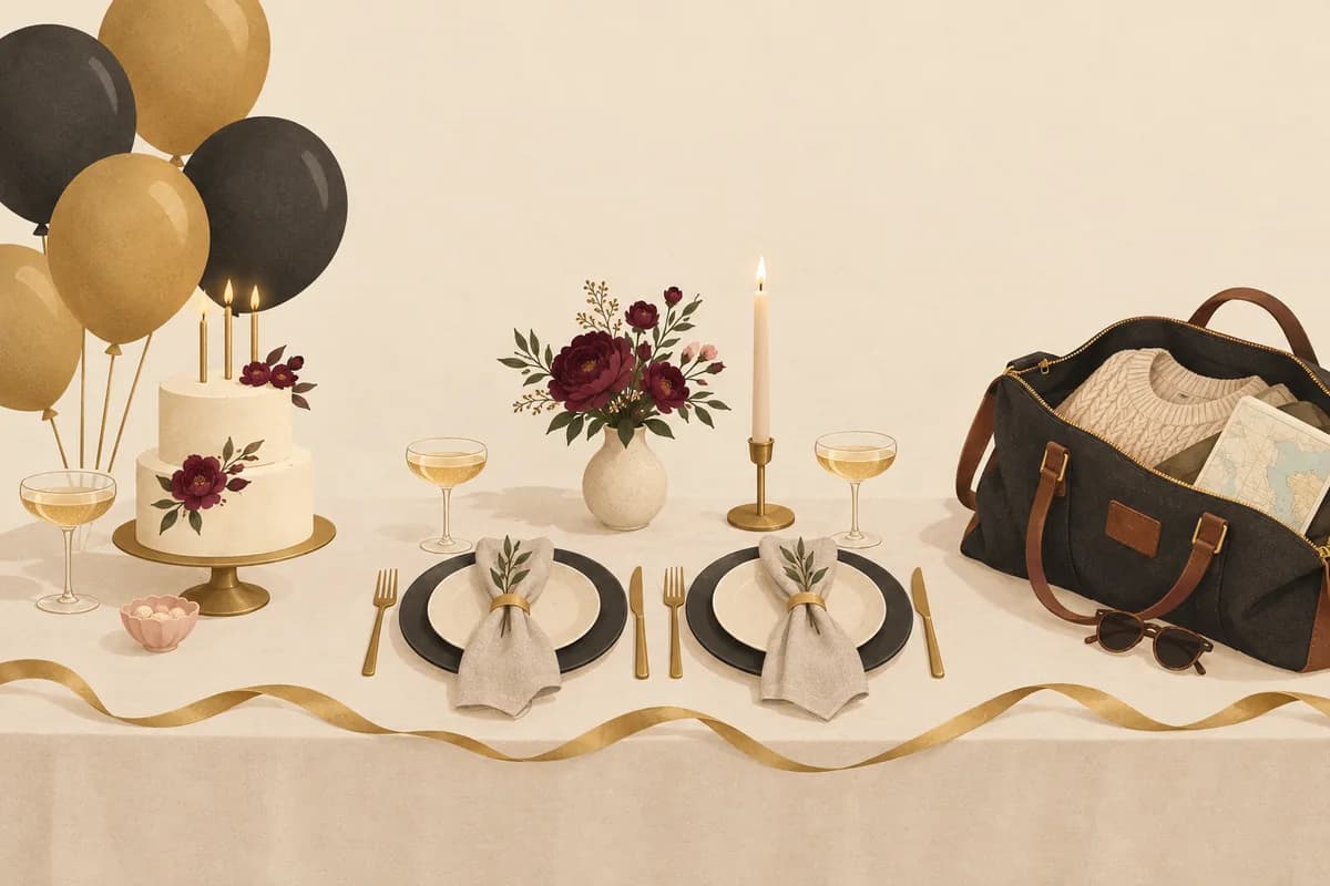 A long table split into three scenes: gold and charcoal balloons with a small cake, a candlelit dinner for two, and an open weekend bag with a map and sunglasses