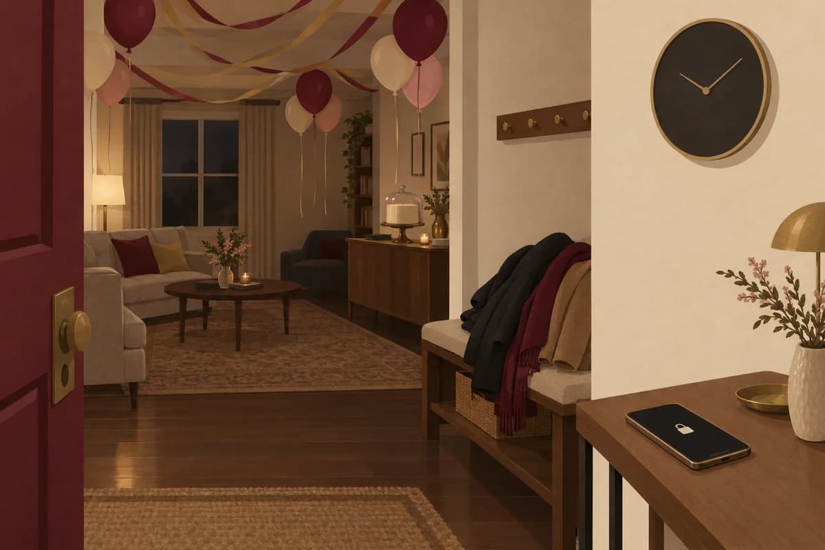 A dimly lit living room with streamers, balloons and a cake under a glass dome, coats piled on a bench by the door, and a phone on the hall table showing a padlock