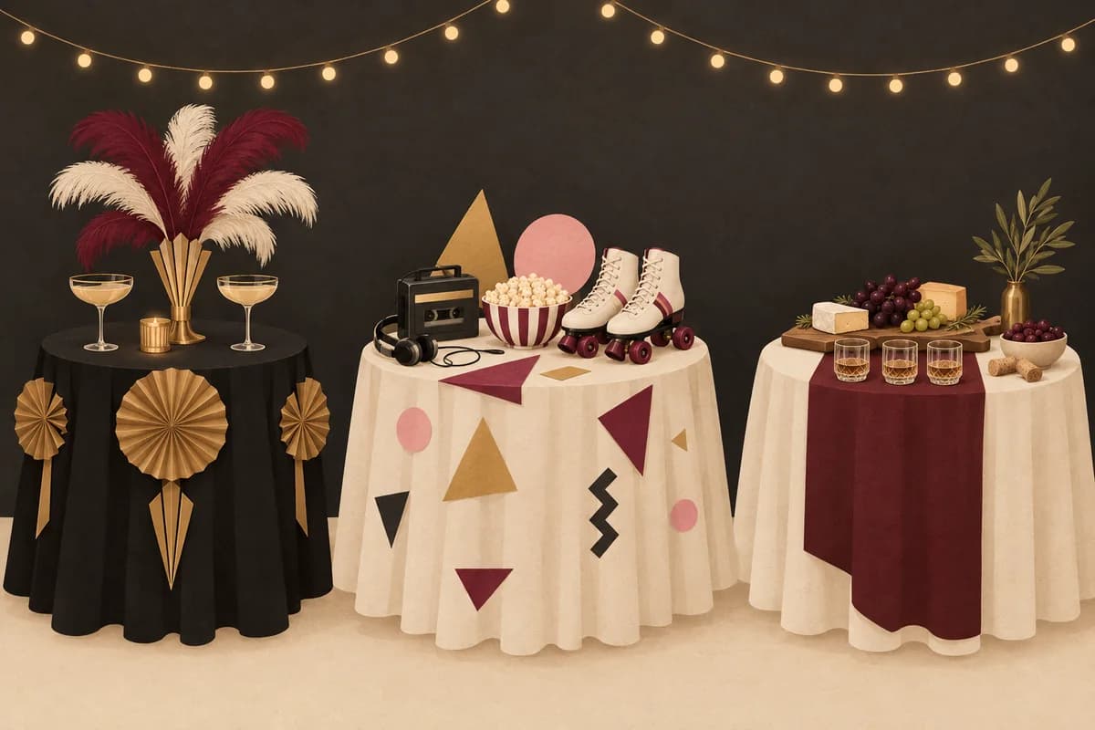 Three party tables side by side: black and gold art deco with paper fans and feathers, a retro table with a cassette player and roller skates, and a tasting board of cheese and grapes beside small glasses
