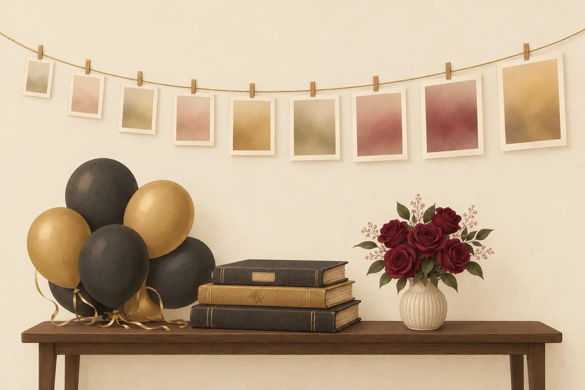 A memory wall of nine blank photo frames clipped to a gold string, growing larger from left to right above a table with balloons, old albums and roses