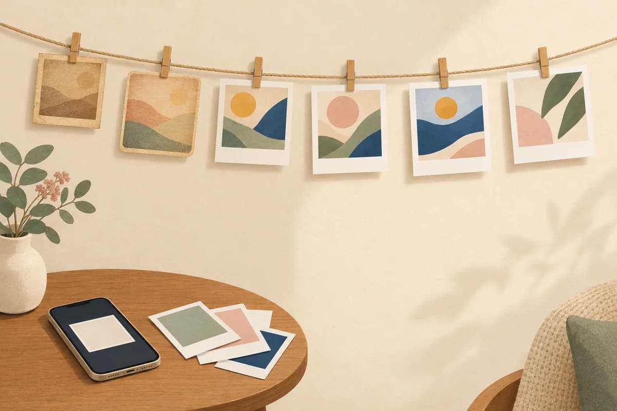 Six photo prints of simple landscapes clipped along a twine line, changing from faded sepia on the left to bright modern prints on the right, above a phone and loose prints on a round side table