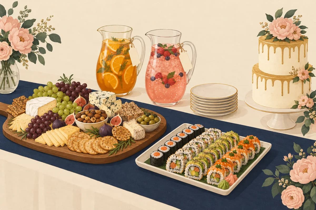A buffet with a grazing board, a platter of sushi, two drink pitchers with blank tags and a gold-drip cake on a navy runner