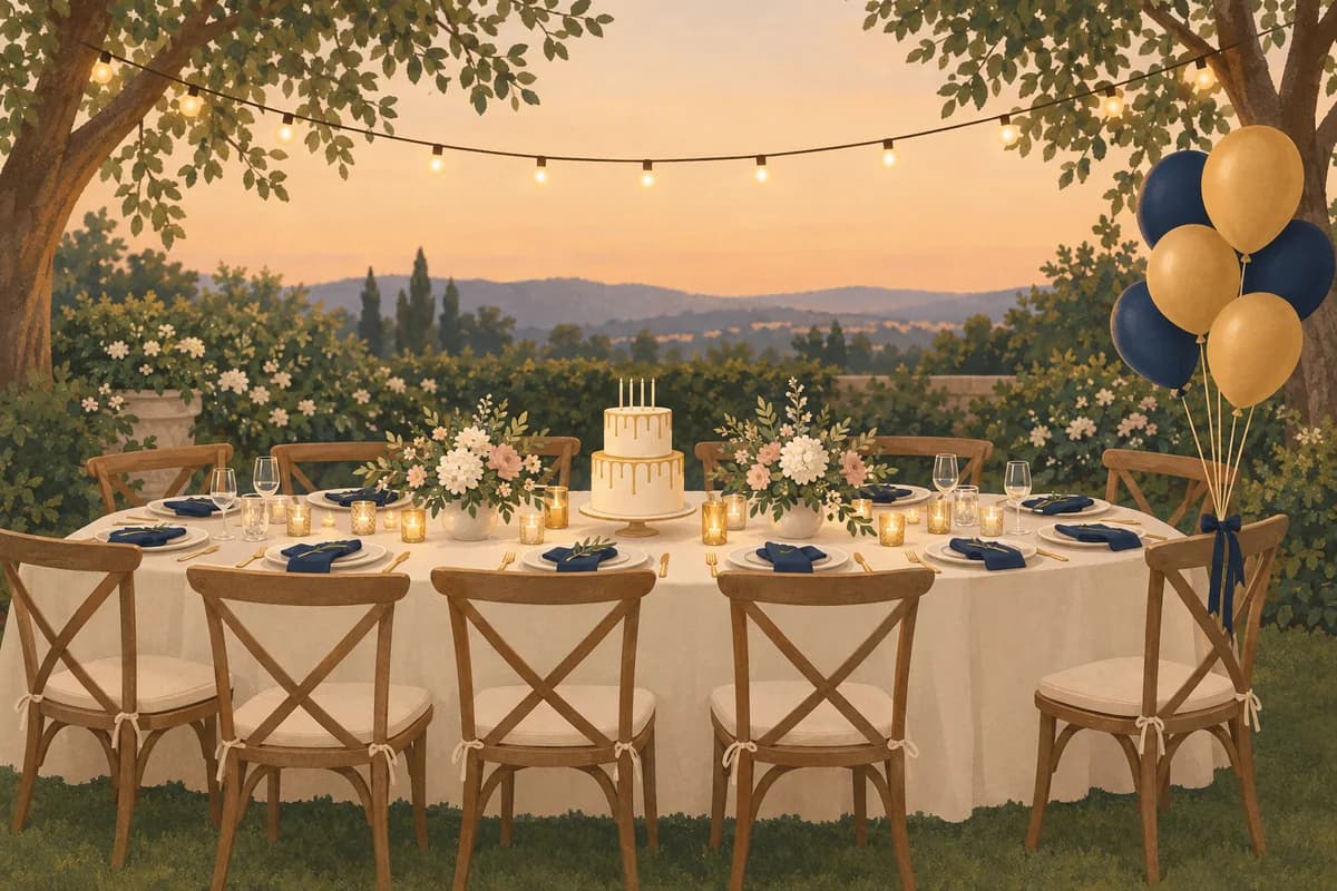 A garden dinner table at dusk with a gold-drip birthday cake, candles, flowers, string lights and a cluster of gold and navy balloons