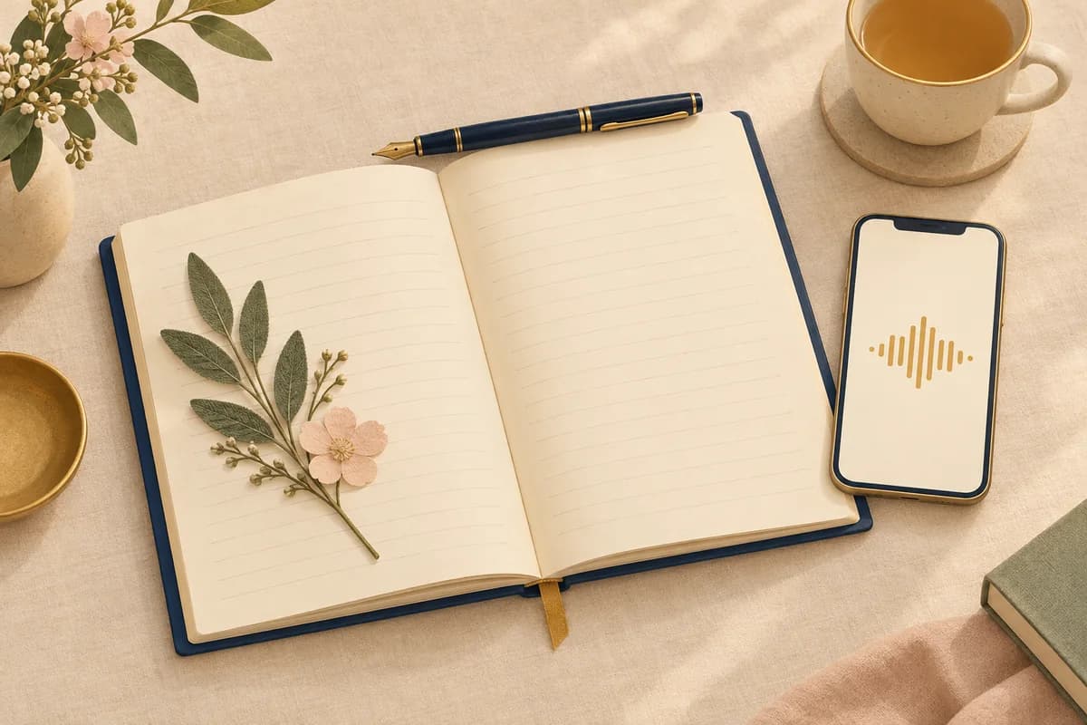 An open blank keepsake book with a pressed sprig and flower, a fountain pen and a phone showing a gold sound wave