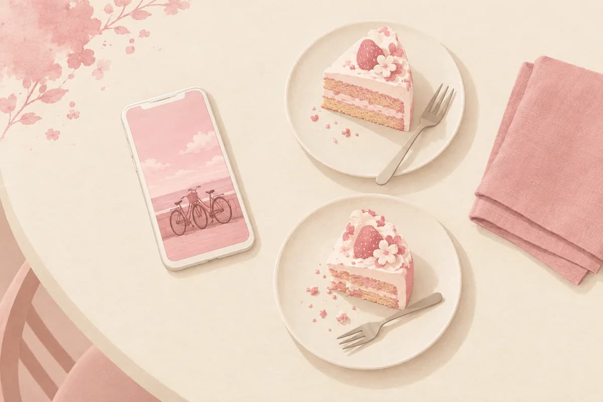 A phone on a round cafe table shows a picture of two bicycles parked together by the sea, next to two slices of strawberry cake and a folded pink napkin.