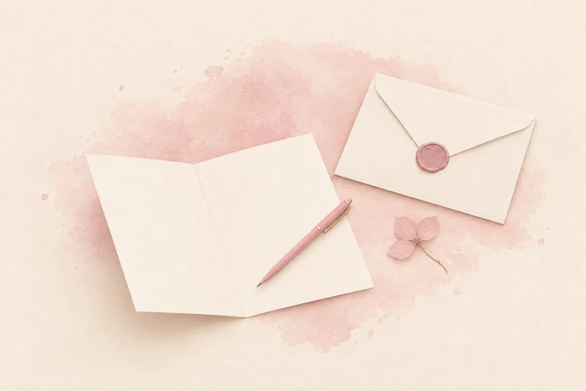 An open blank card with a dusty-pink pen resting on it, next to an envelope closed with a pink wax seal and a small pressed pink flower.