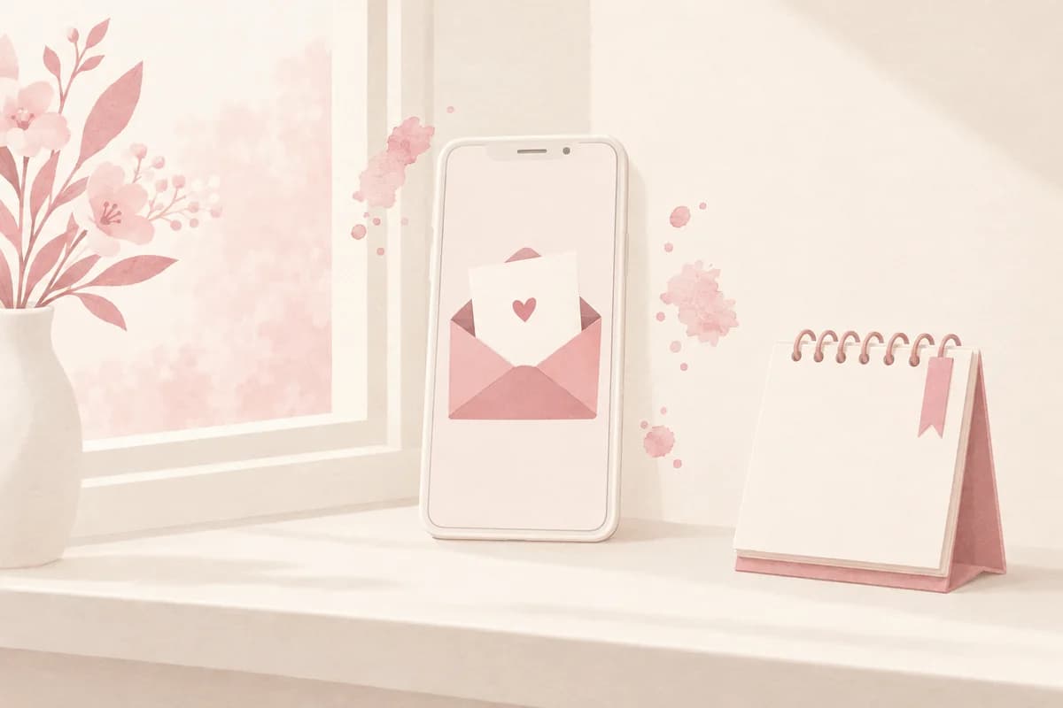 A phone on a windowsill shows a card with a heart rising out of an open envelope, next to a small blank desk calendar marked with a pink ribbon.