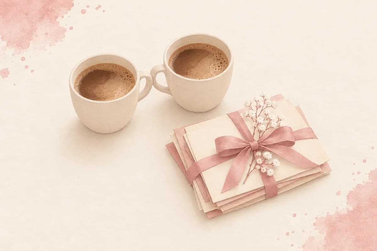 Two cream coffee cups side by side next to a small stack of old cards and envelopes tied with a dusty-pink ribbon and a sprig of white flowers.