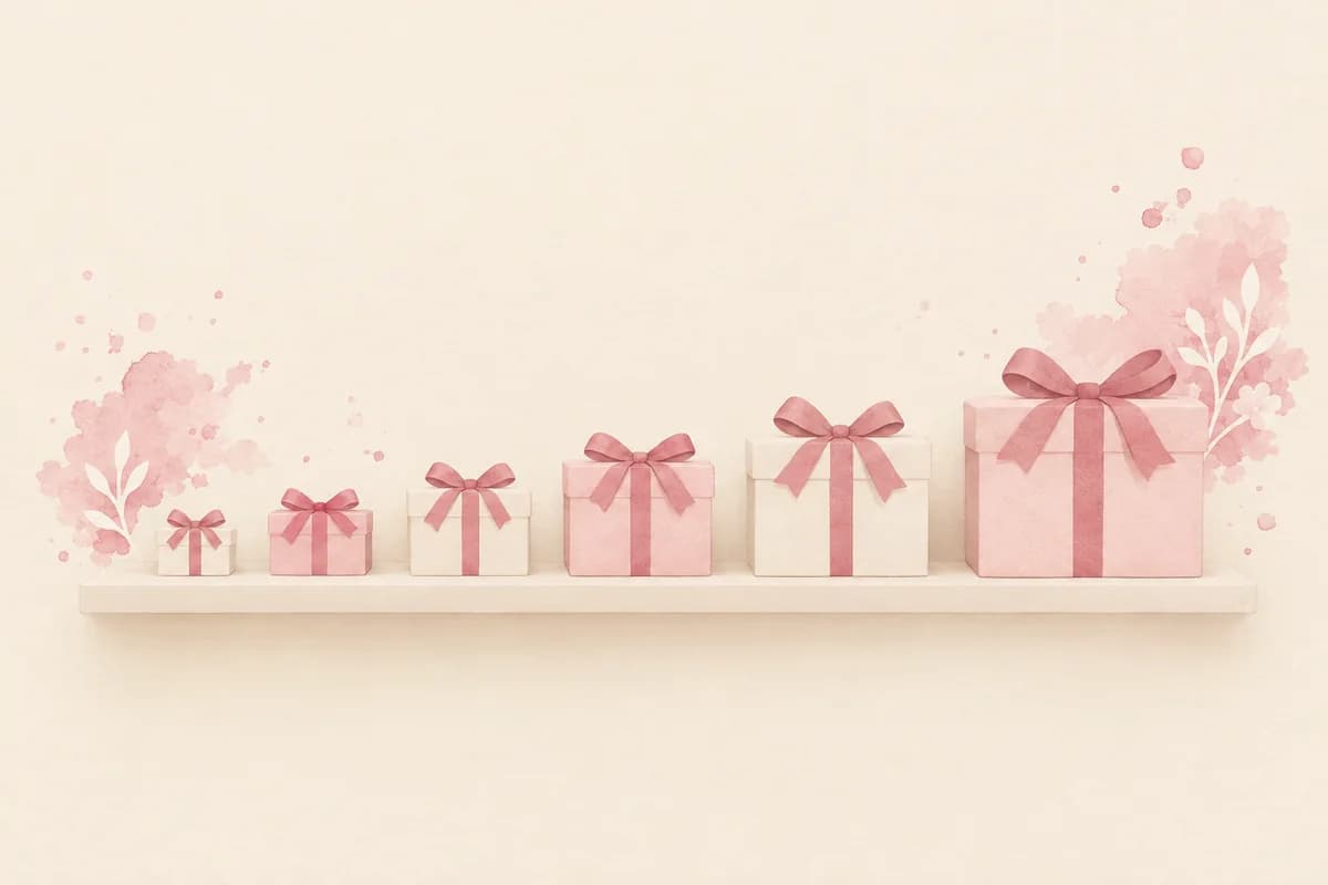 Six small gift boxes in a row on a cream shelf, growing in size from left to right, each tied with a dusty-pink ribbon.