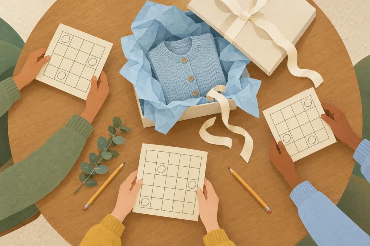 Three pairs of hands hold blank bingo cards with a few squares circled around a table where a knit baby cardigan sits in an opened gift box.
