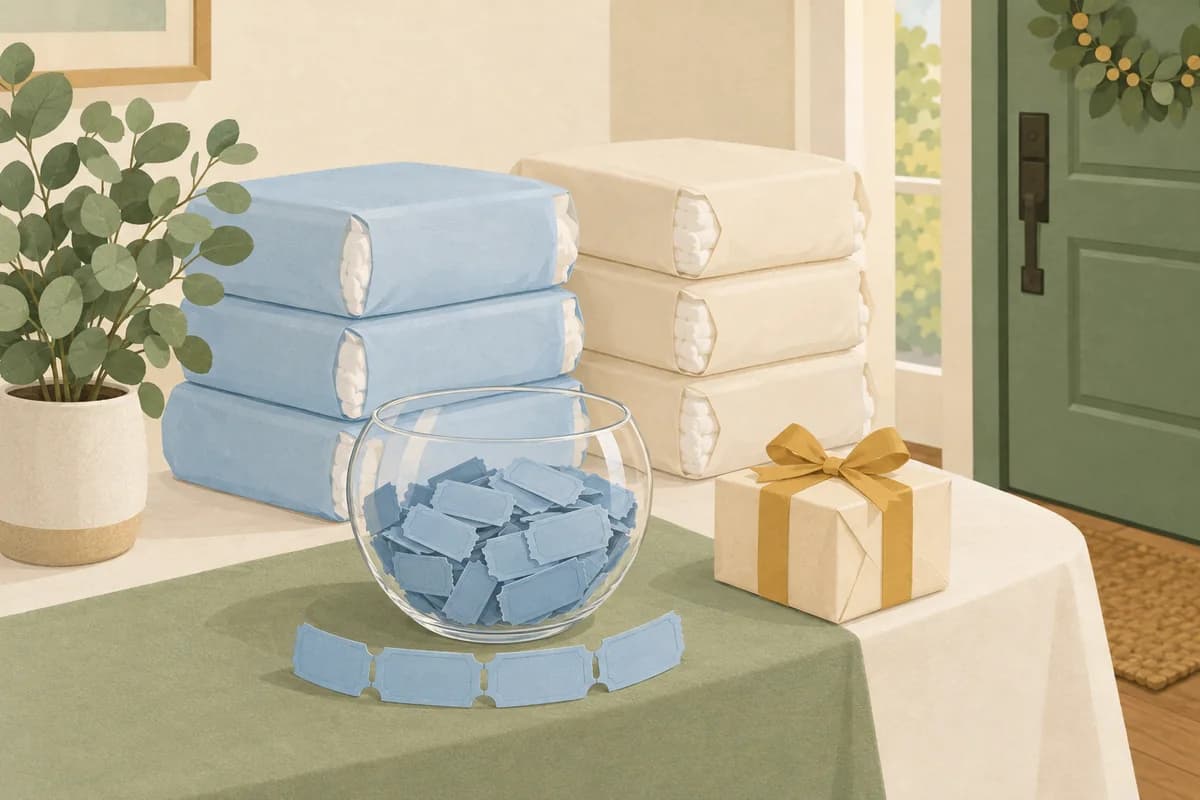 A welcome table holds stacked packs of diapers, a glass bowl of blank raffle tickets, a strip of spare tickets and a small wrapped prize.