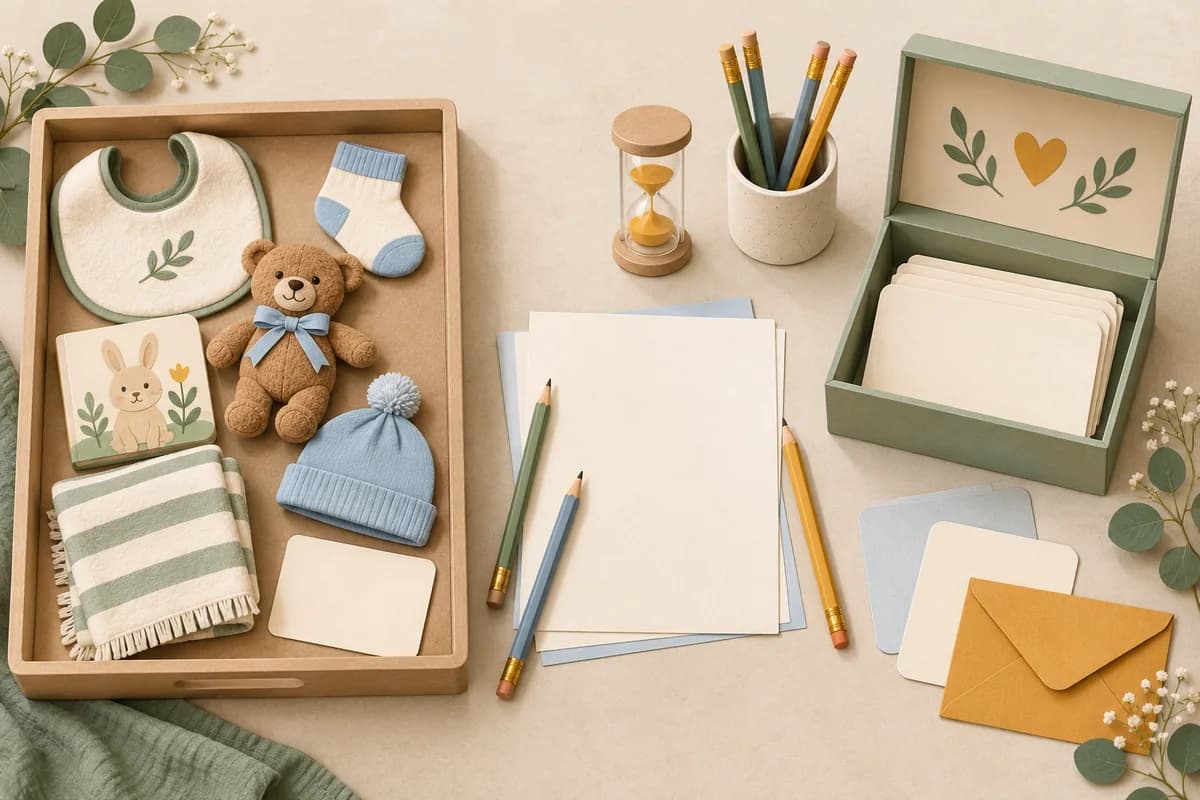 Three illustrated stations: a memory tray of baby items and shared answer sheets with a timer for playing together, and a box of blank cards for optional keepsake notes.