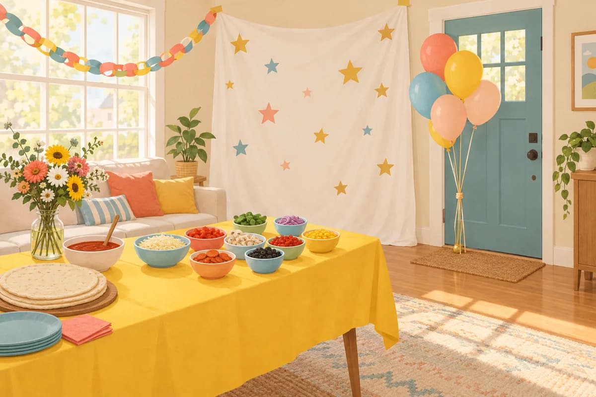 A living room ready for a birthday on a small budget, with a paper chain garland, balloons by the door, a bedsheet photo backdrop with paper stars and a pizza topping station.
