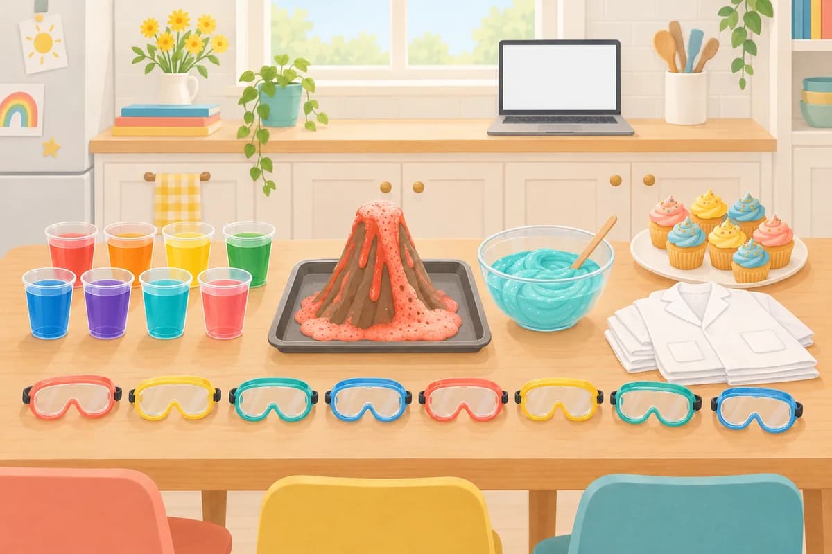 A kitchen table set for a children's science party with safety goggles, cups of colored water, a baking soda volcano, slime and cupcakes.