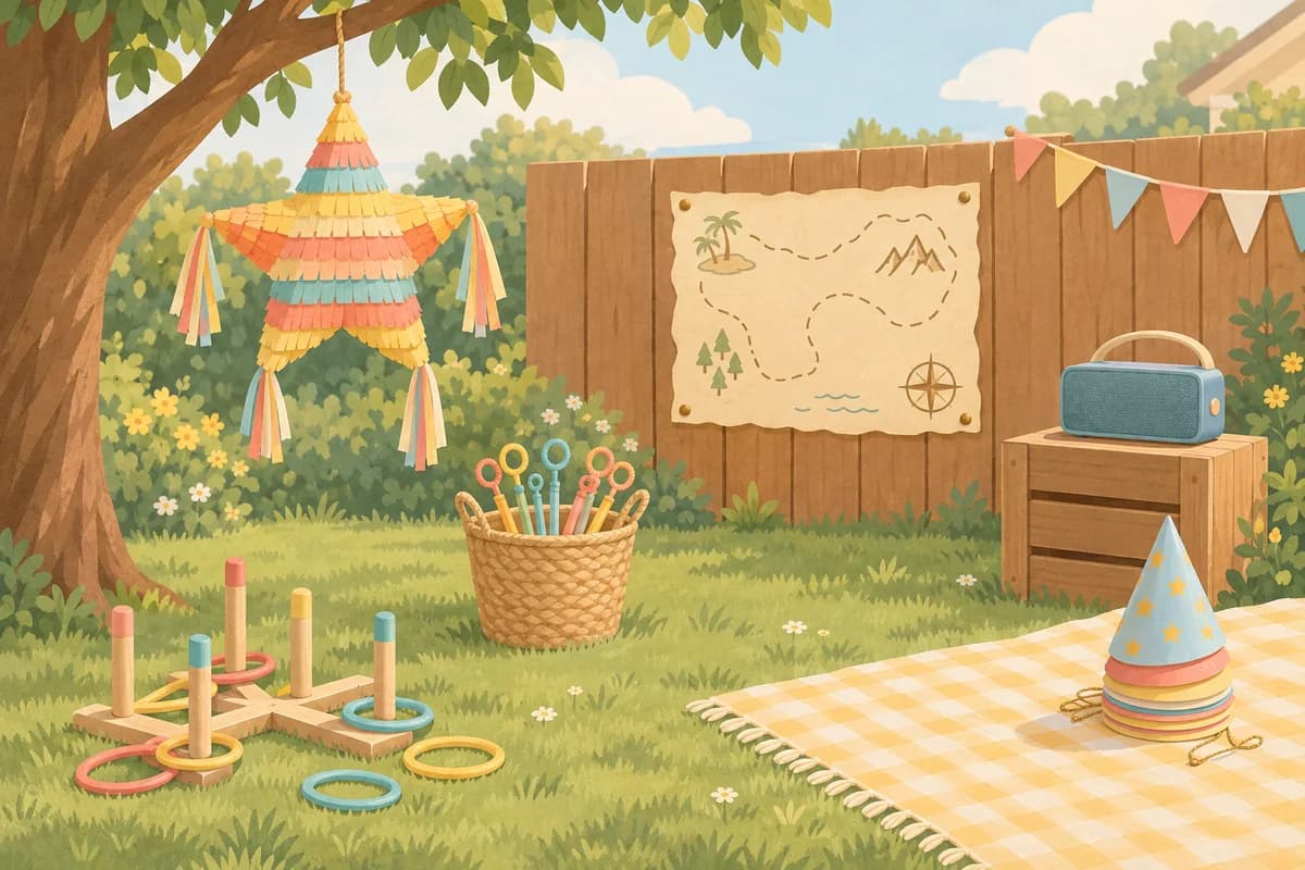 A backyard set for party games with a star piñata in a tree, a ring-toss set, bubble wands, a treasure map on the fence and a speaker on a crate.