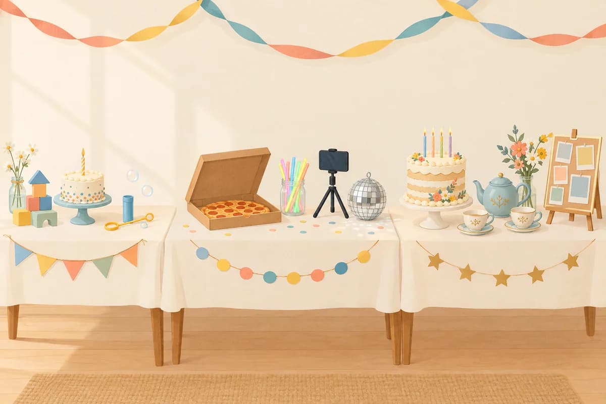 Three party tables side by side under paper streamers. The toddler table has a small cake and stacking blocks. The teen table has pizza and a disco ball. The milestone table has a layered cake, a teapot and a board of photos.