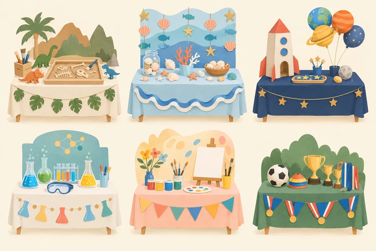 Six small party tables arranged in a grid, each one set for a different theme, from a dinosaur dig to a sports day.