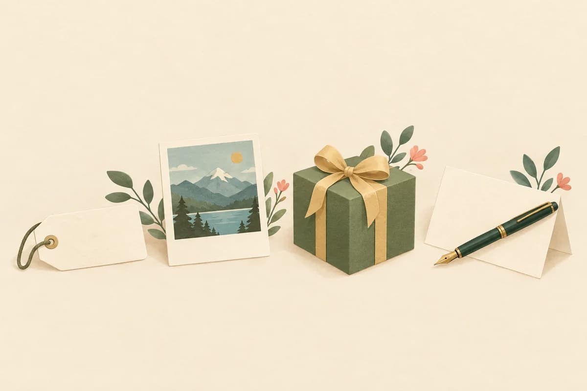 Four objects in a row: a blank name tag, a small photo of a trip, a wrapped gift and a pen on a folded note