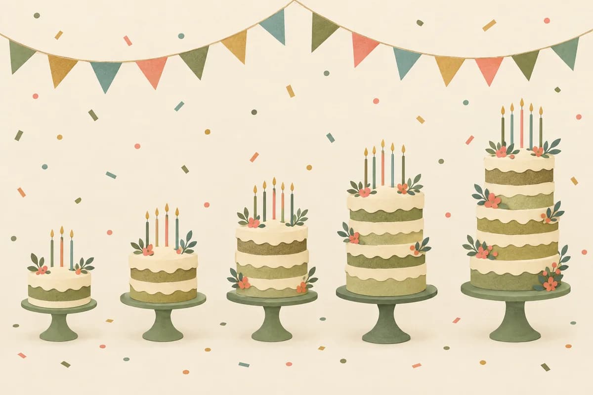 Five birthday cakes in a row, each a little taller than the last, under paper bunting