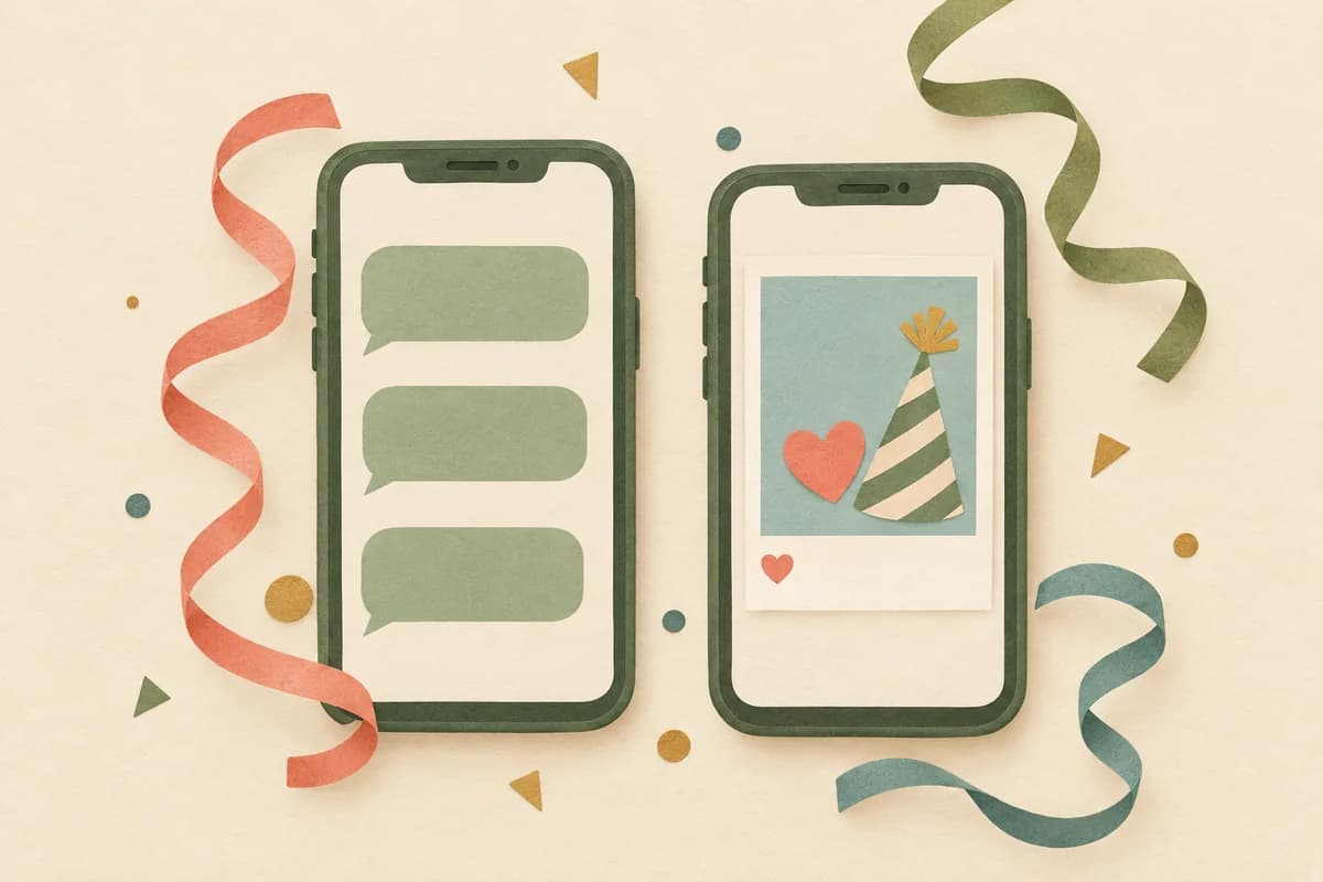 Two phones, one with blank chat bubbles and one with a blank photo post, wrapped in paper streamers