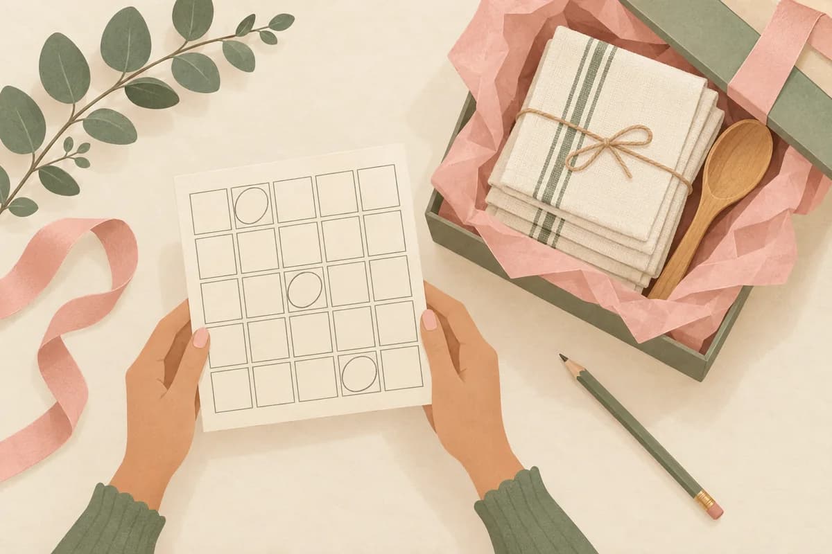 Hands hold a blank bingo card with three squares circled while a gift of kitchen towels is unwrapped beside it.