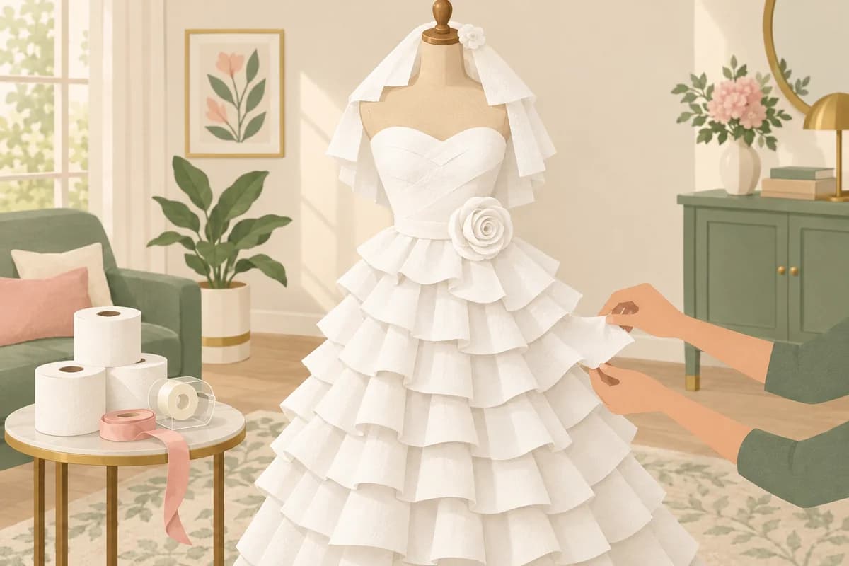 A dress form wears a ruffled gown and veil made of toilet paper, with spare rolls and tape on a table beside it.