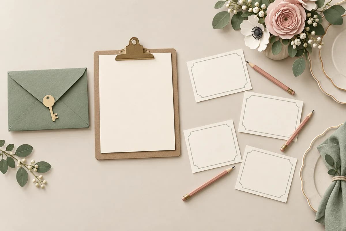 A closed host envelope and clipboard sit apart from blank player cards at an illustrated place setting, showing why the organizer answer key stays private.