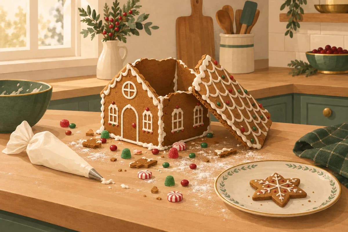 A gingerbread house on a kitchen counter with its roof sliding off, candy scattered around it and one cookie left on a plate.