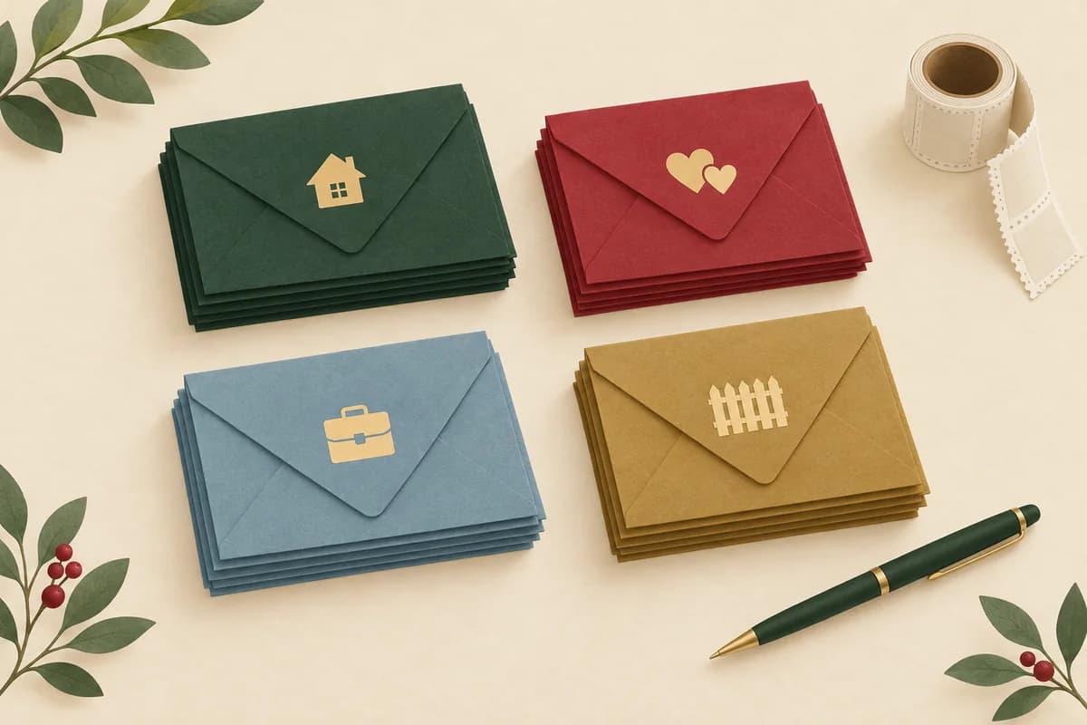 Four piles of colored envelopes on a desk, topped with small icons of a house, two hearts, a briefcase and a picket fence.