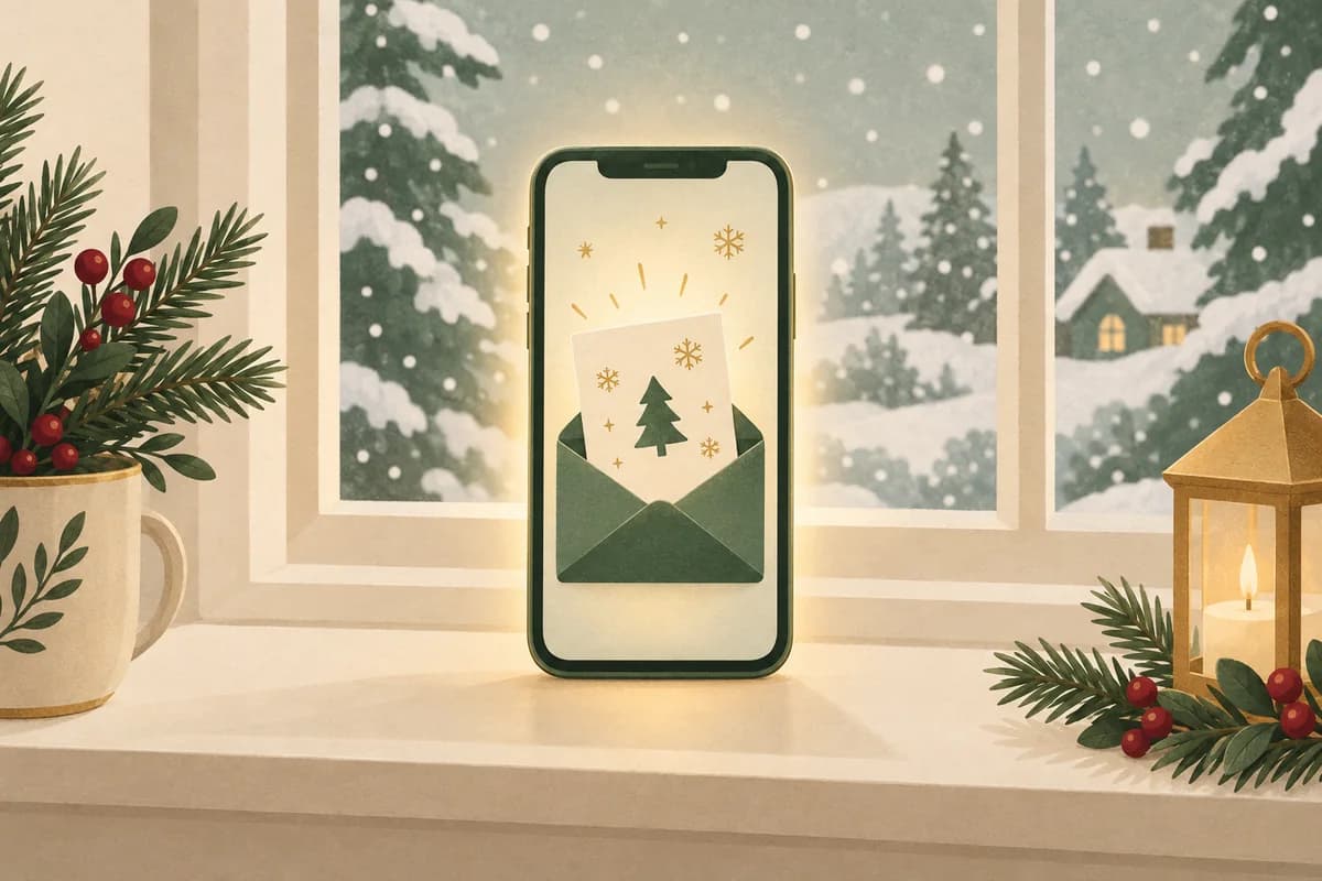 A phone on a snowy windowsill shows an envelope opening and a card with a small pine tree rising out of it.