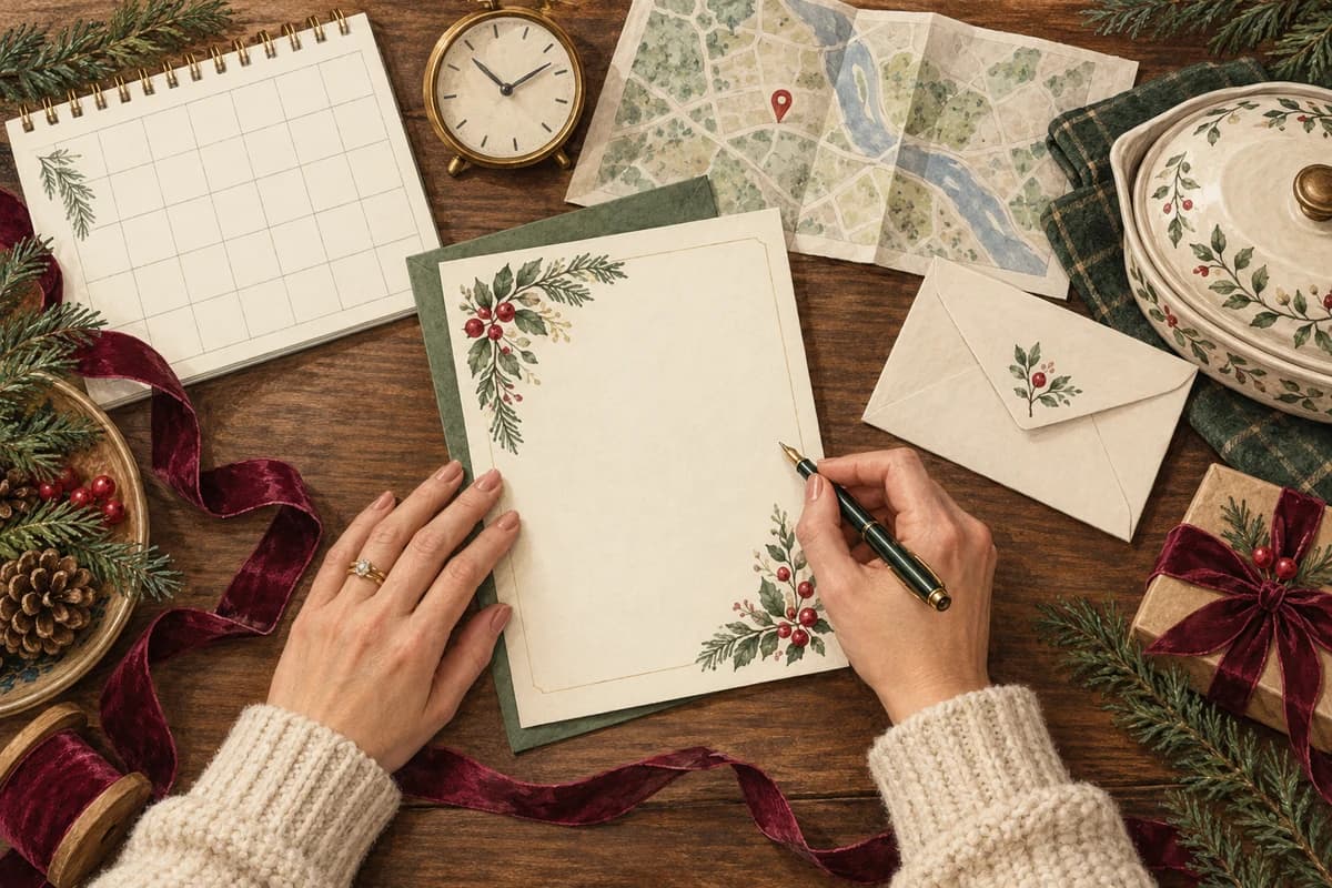 A host writes a blank festive invitation at a desk surrounded by reminders of the details to check, from the date and time to the food and gifts.
