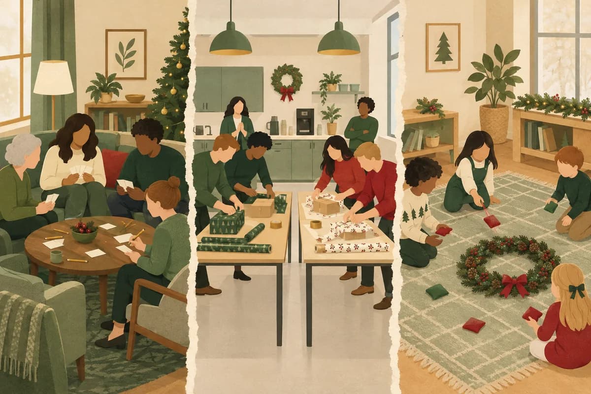 Three party scenes side by side: a quiet seated game at home, an office wrapping race and children tossing bean bags at a wreath.