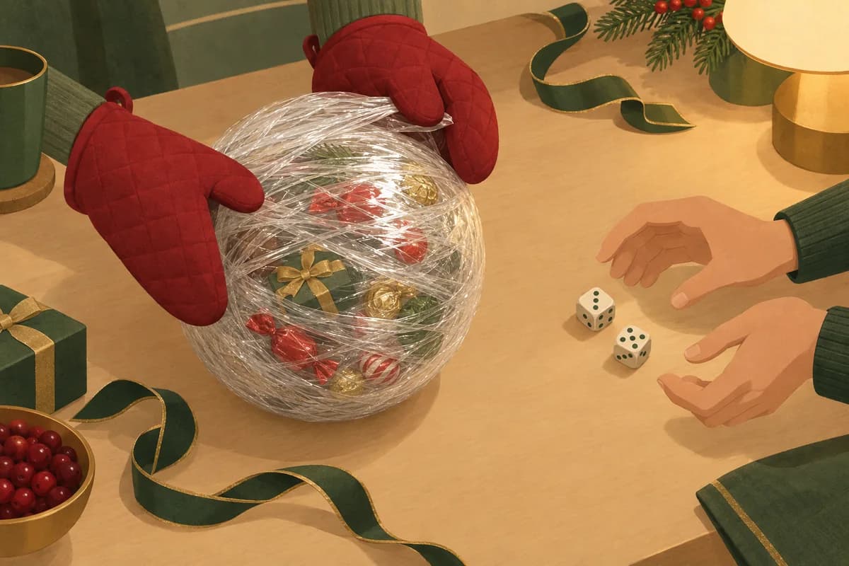 Hands in red oven mitts unwrap a plastic wrap ball filled with small treats while the next player rolls two dice.