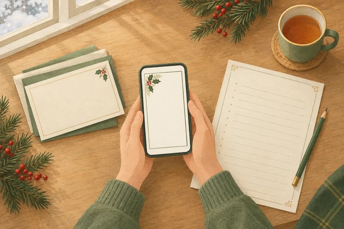 A host's hands hold a phone showing a blank holly-trimmed invitation, beside a planning worksheet, a pencil, envelopes and a mug of tea.