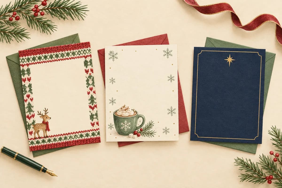 Three blank invitation cards in different moods: a playful knitted-sweater card, a cozy card with a mug of cocoa and an elegant navy card with a gold star.