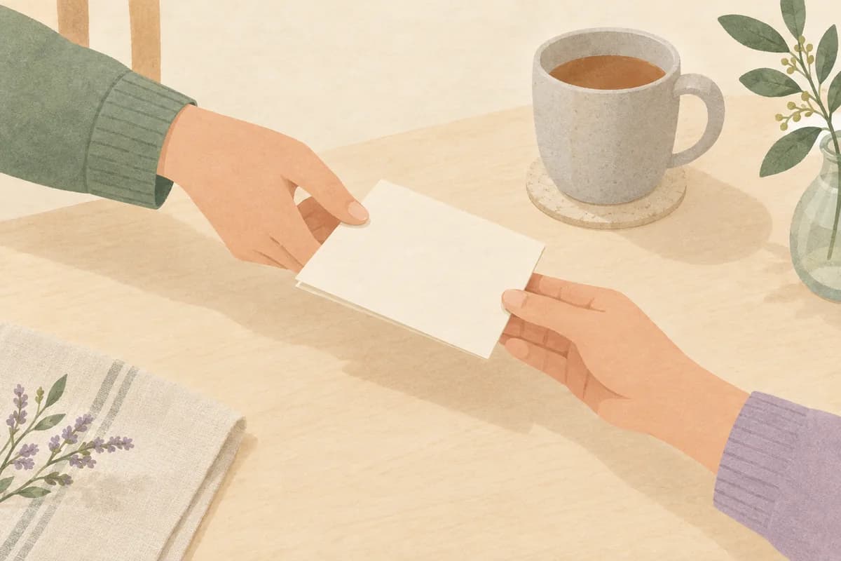 Two hands gently pass a small folded card across a kitchen table, with a mug and a sprig of greenery nearby.