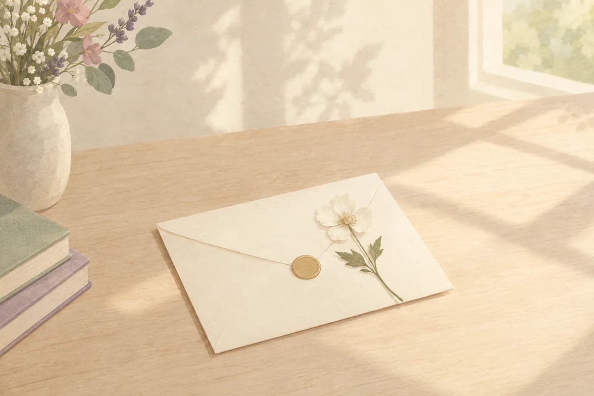 A sealed cream envelope with a single pressed white flower resting on it, on a wooden table in soft window light.