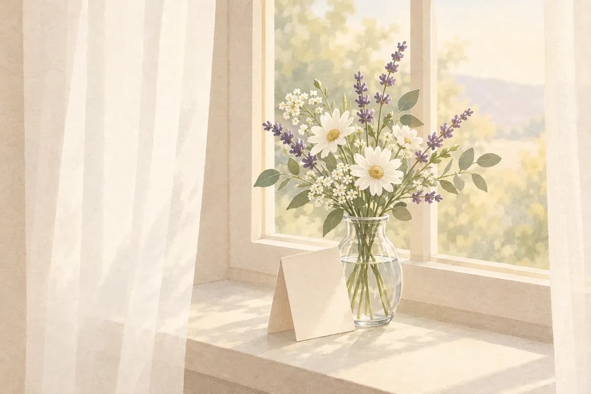 A small vase of white and lavender flowers on a sunlit windowsill, with a folded note leaning against it.