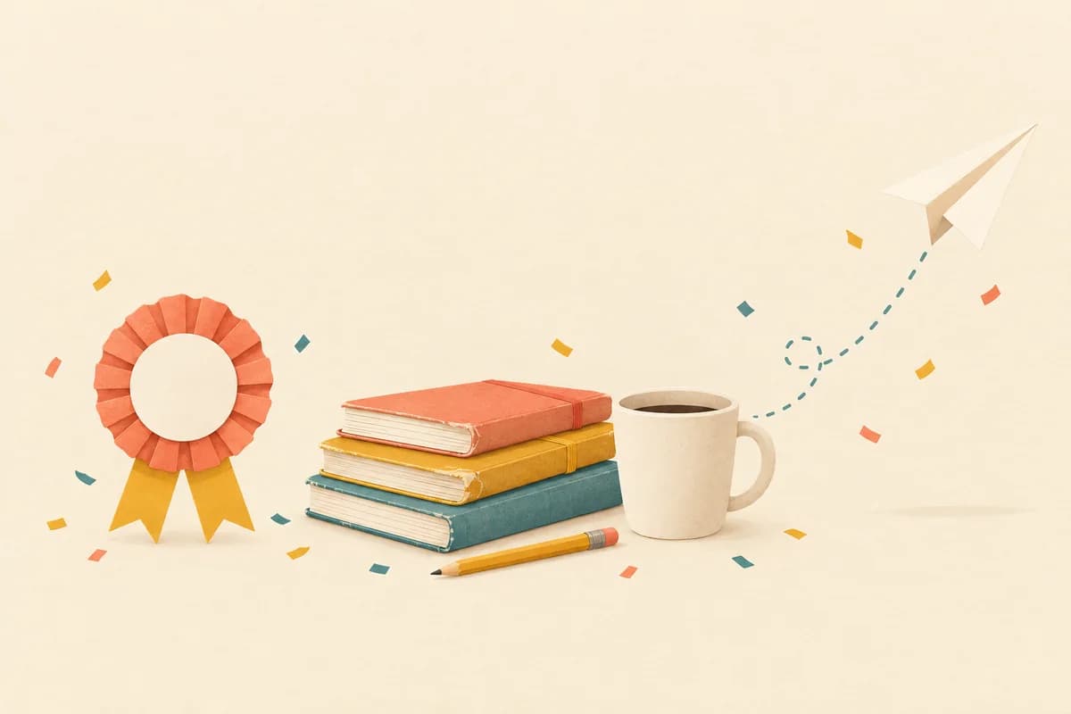 A ribbon rosette, a stack of well-used notebooks with a pencil and a mug, and a paper airplane taking off on a dotted trail, set in a row.