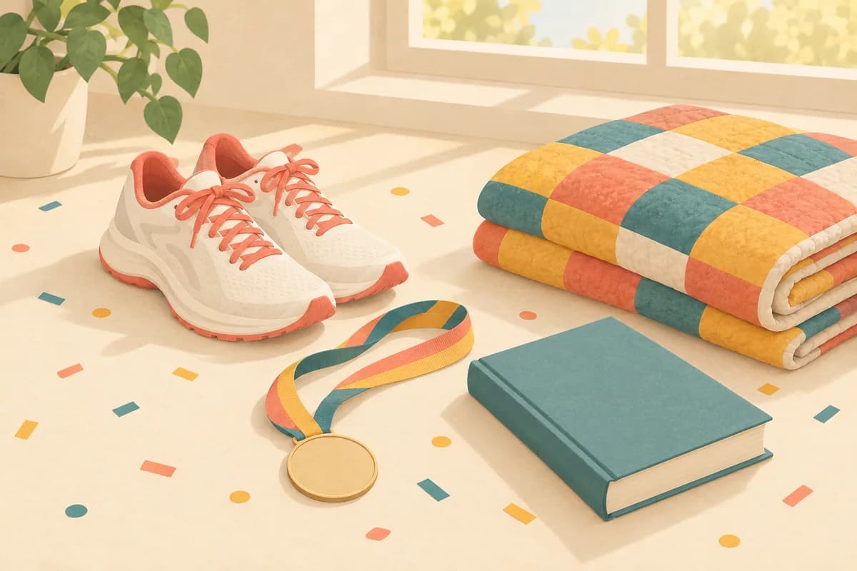 Running shoes and a race medal on the floor beside a book with a plain cover and a folded patchwork quilt, near a sunny window.